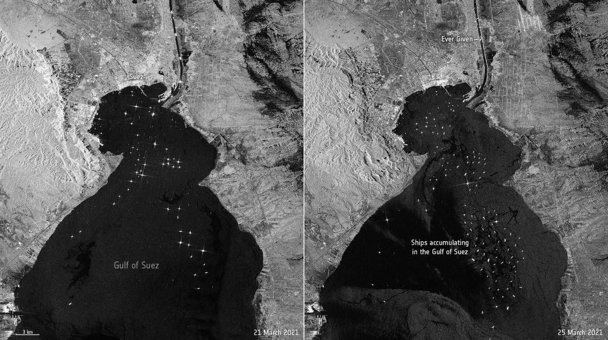 太空中拍摄到的苏伊士运河“交通堵塞“
