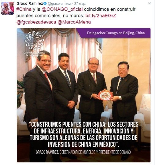 墨西哥全国州长会议(Conago)发推文称,中国和墨西哥希望共建商业之桥,而非筑墙。 墨西哥全国州长会议(Conago)发推文称,中国和墨西哥希望共建商业之桥,而非筑墙。